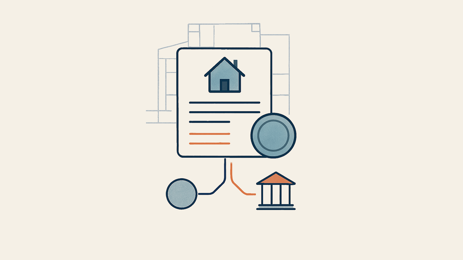 Иллюстрация: нотариальное оформление и расторжение сделки с недвижимостью — документ, архитектурные линии и два возможных пути решения вопроса.
